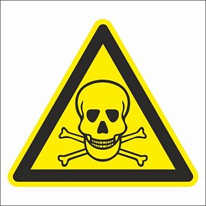 Знак предупреждающий на самоклеющейся пленке Ядовитые вещества, высота 200 мм, ширина 200 мм, цвет фона желтый, цвет рисунка черный ГОСТ 14202-69